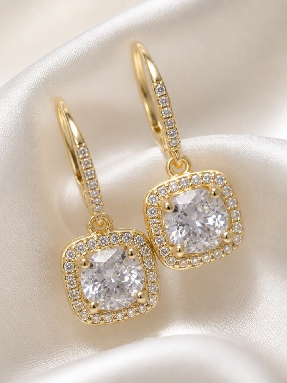 Gold Drop Cushion-Frame Leverback Earrings - Women Jewelry